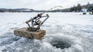 An automatic hands free rod holder ice fishing mechanism holding a bent rod securely over the ice.