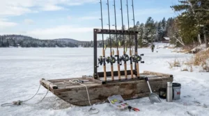 A complete gear organization display showing a hands free rod holder ice fishing rack loaded with equipment.