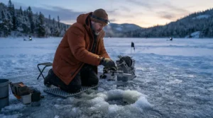 An ice fisher bundled in heavy parka operating a hands free rod holder ice fishing unit at twilight.
