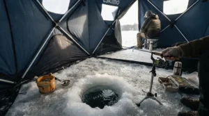 A cozy interior view of a portable ice shelter featuring a hands free rod holder ice fishing setup over a drilled hole.