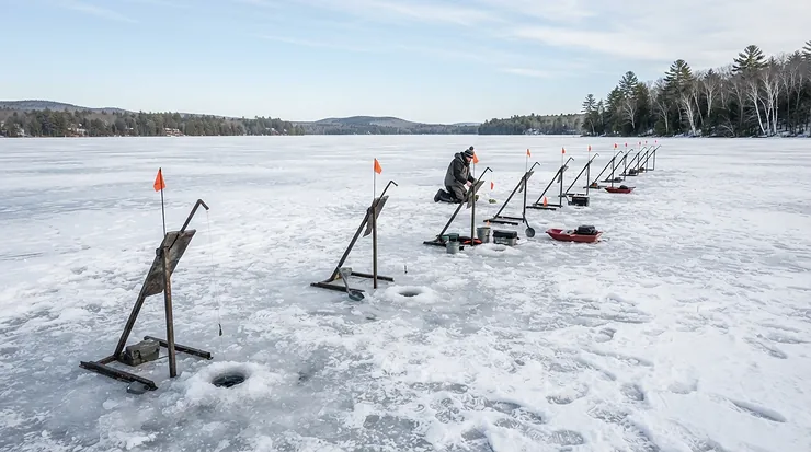 Multiple hands free rod holder ice fishing units deployed in a row across a frozen bay.