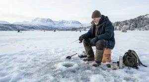 An angler using a hands free rod holder ice fishing setup on a frozen lake during a snowy winter day in Ontario.