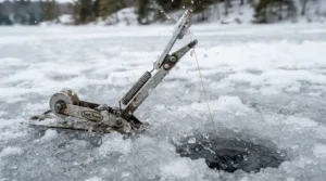 A close-up of a spring loaded hands free rod holder ice fishing gear triggering instantly as a fish bites.