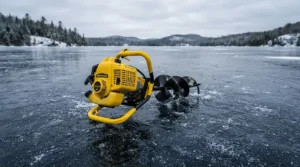 A high-visibility floating ice scoop lying on dark lake ice, making it easy to spot.