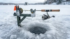 An ice fishing rod holder securely mounted beside a drilled hole on a frozen Ontario lake during a bright winter afternoon.