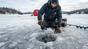 An ice fishing skimmer being used to clear slush from a hole on a frozen lake during a Canadian winter trip.