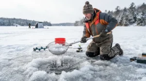 Using an ice fishing skimmer for efficient slush removal during an expedition in Northern Quebec.