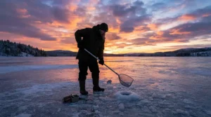 An angler holding an ice fishing skimmer against a vibrant sunset over a frozen lake in the Yukon.