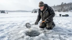 An angler using an ice scoop for ice fishing to clear slush from a frozen lake hole during a Canadian winter trip.