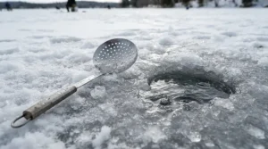 A durable metal ice scoop for ice fishing resting beside a freshly drilled hole on a frozen northern lake.