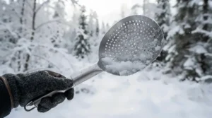 Close-up view of a perforated ice scoop for ice fishing showing drainage holes for efficient water removal.
