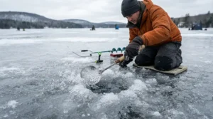 An ice scoop for ice fishing breaking away a thin layer of morning frost from a drilled hole.