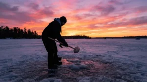 Silhouetted view of an angler holding an ice scoop for ice fishing during a winter sunset in Canada.