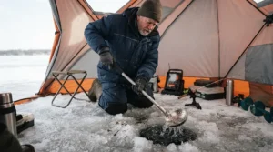 Using an ice scoop for ice fishing inside a pop-up shelter on a frozen Canadian reservoir.