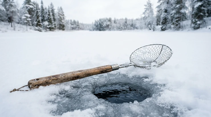 A classic wooden-handled ice scoop for ice fishing lying on pristine snow near a fishing spot.
