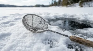 A durable metal ice fishing skimmer resting on fresh snow next to a freshly drilled hole in Ontario.