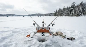 A multiple ice fishing rod holder managing three lines simultaneously during a busy day on the ice.