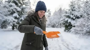 A lightweight plastic ice fishing skimmer held by an angler on a frozen bay in Manitoba.