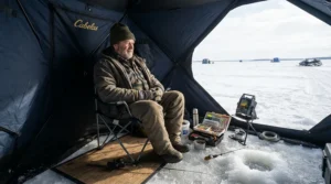 A portable ice fishing rod holder set up inside a pop-up shelter on Lake Winnipeg in Manitoba.