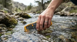 An angler easily retrieving a floating ice scoop from slushy water beside an ice fishing hole.