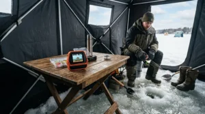 A safety floating ice scoop kept close at hand during a weekend ice fishing excursion in Ontario.