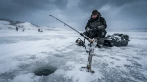 A secure ice fishing rod holder holding firm against strong winter winds on a frozen prairie slough.