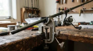 A clamp-on shelter rod holder ice fishing accessory attached to a bench in a frozen water shelter.