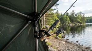 A corner-mounted shelter rod holder ice fishing accessory keeping gear organized in a Manitoba ice hut.