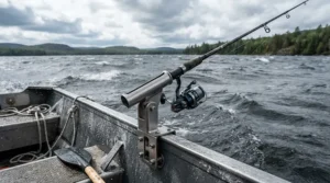 A heavy-duty shelter rod holder ice fishing mount holding a large rod during a windy Canadian winter day.