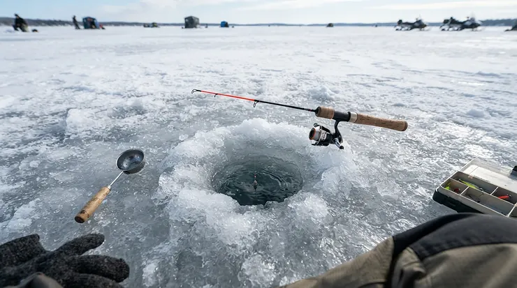An overhead view of a shelter rod holder ice fishing setup positioned above a hole in the frozen floor.