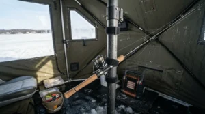 A shelter rod holder ice fishing setup mounted securely to a hub tent frame on a frozen lake in Ontario.