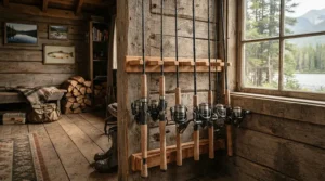 An organized shelter rod holder ice fishing wall rack holding multiple fishing poles inside a warm shack.